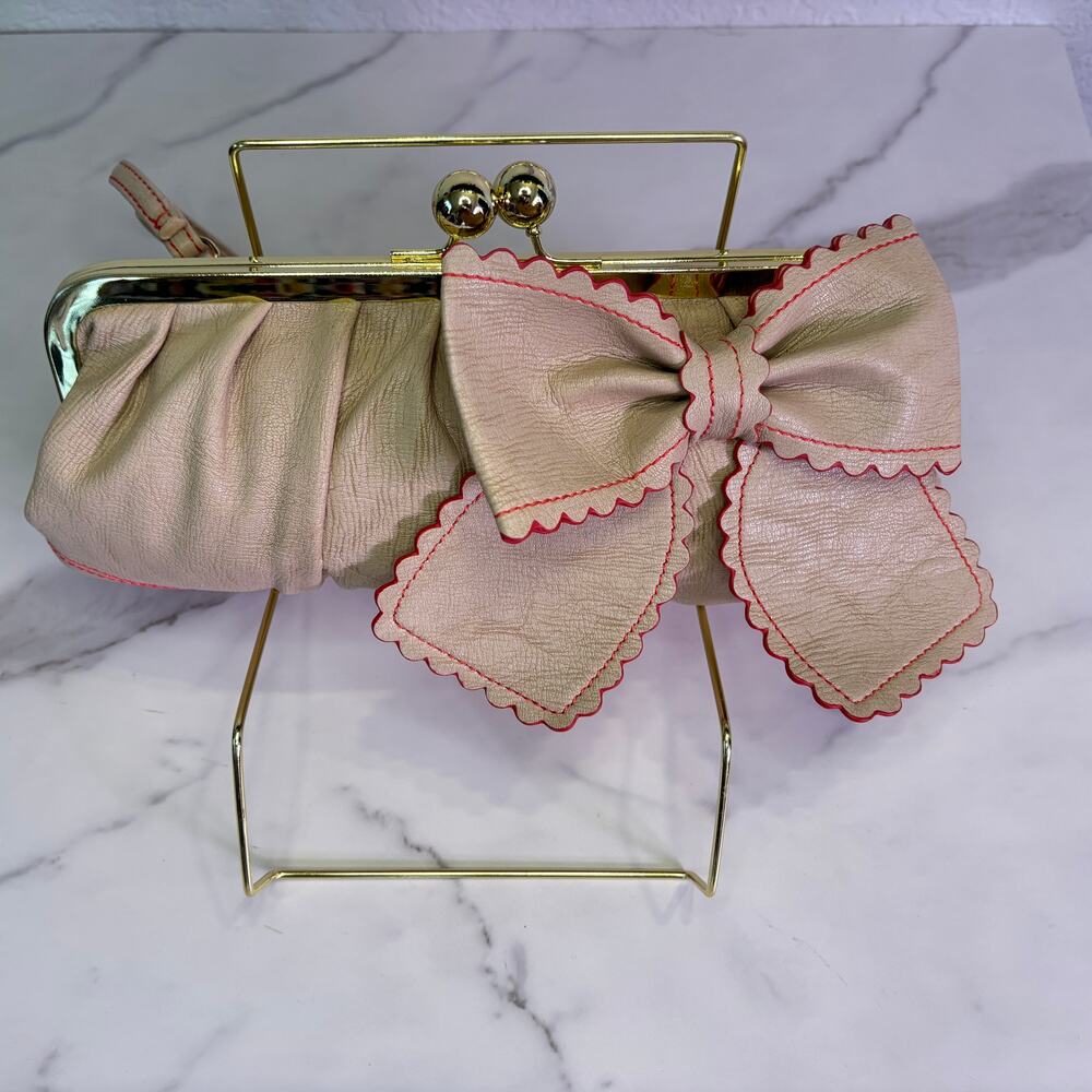 Jessica Simpson Roxanne Kiss Lock Clutch Bag Blush Pink Big Bow Red Stitch Y2K